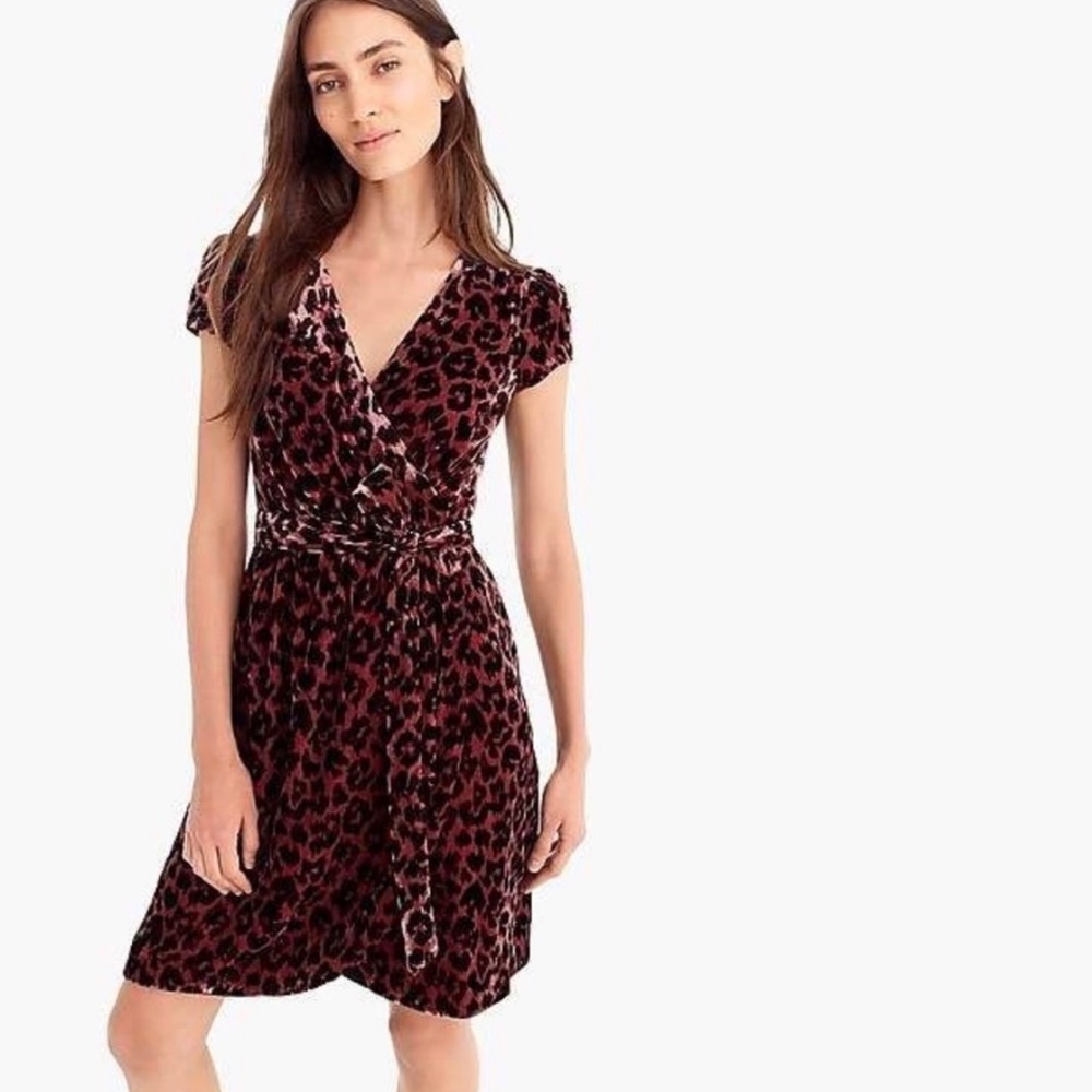 J. Crew Faux Wrap Drapey Velvet Rose Leopard Dress